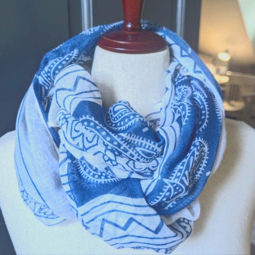 Sheer Xtra Large Blue & White Paisley Scarf/Shawl